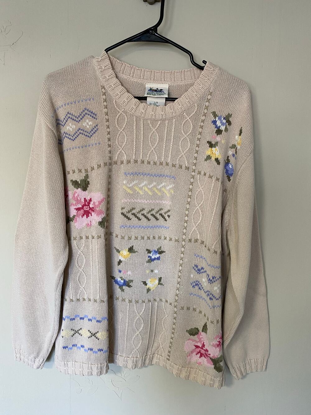 Northern Reflections Vintage Cotton Blend Floral Cable Knit Sweater Large